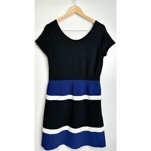 Ann‎ Klein Midi Dress Womens Medium Colorblock A-line Black/Blue Short Sleeve